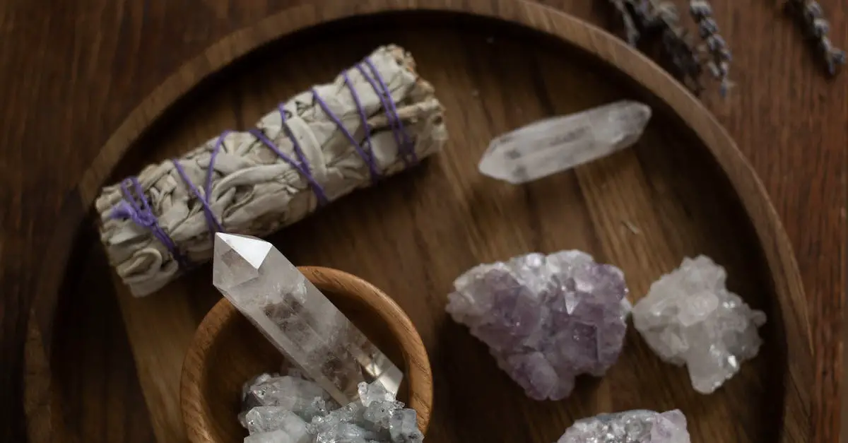 Crystals and Incense on Wooden Tray