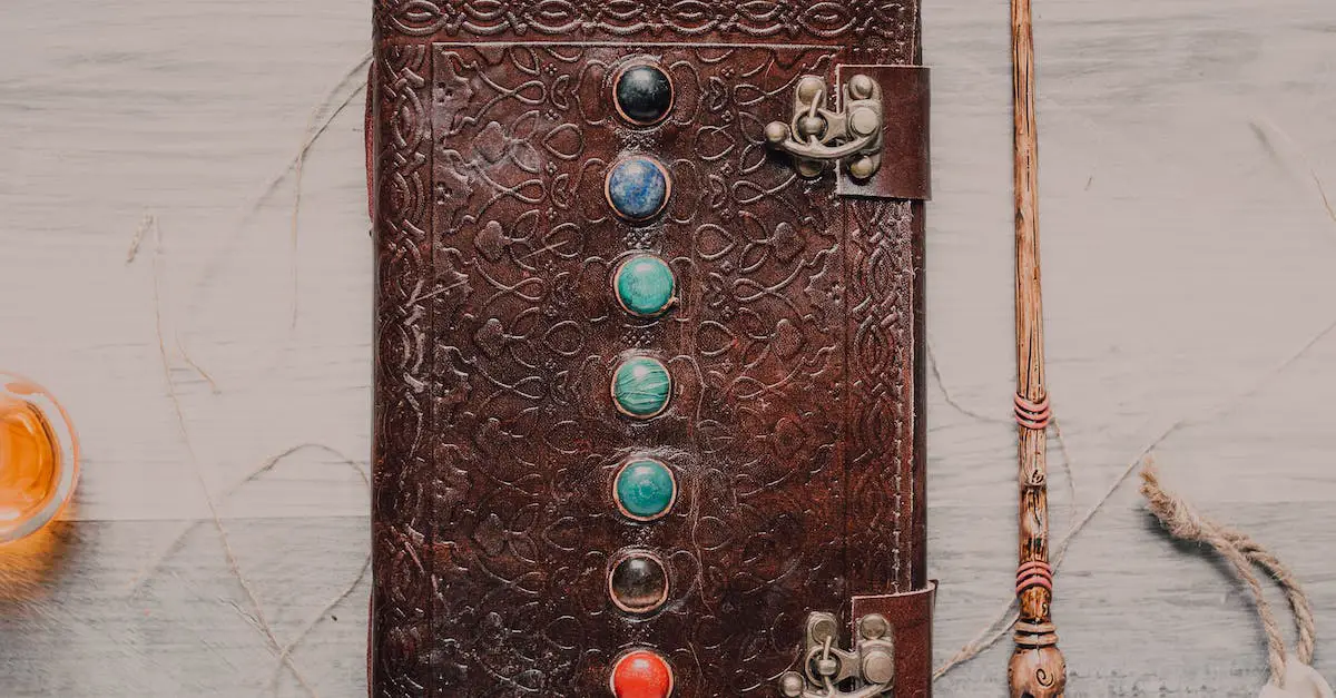 Seven Chakra Stone Book Beside Magic Wand