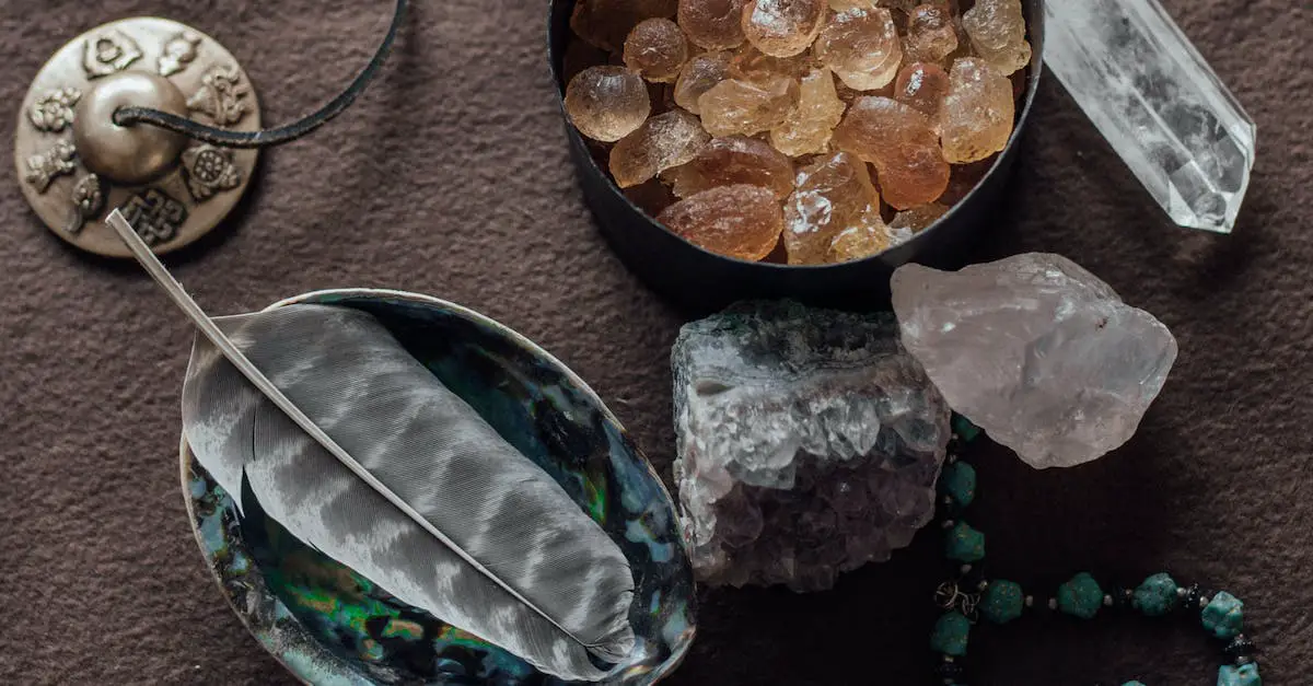 Free stock photo of close up feather healing crystals