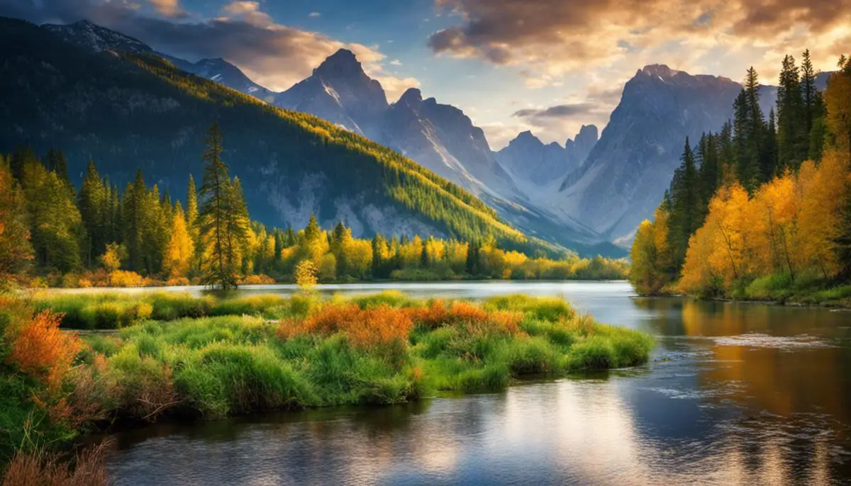 Image of a serene landscape in nature with mountains, a river, and trees.