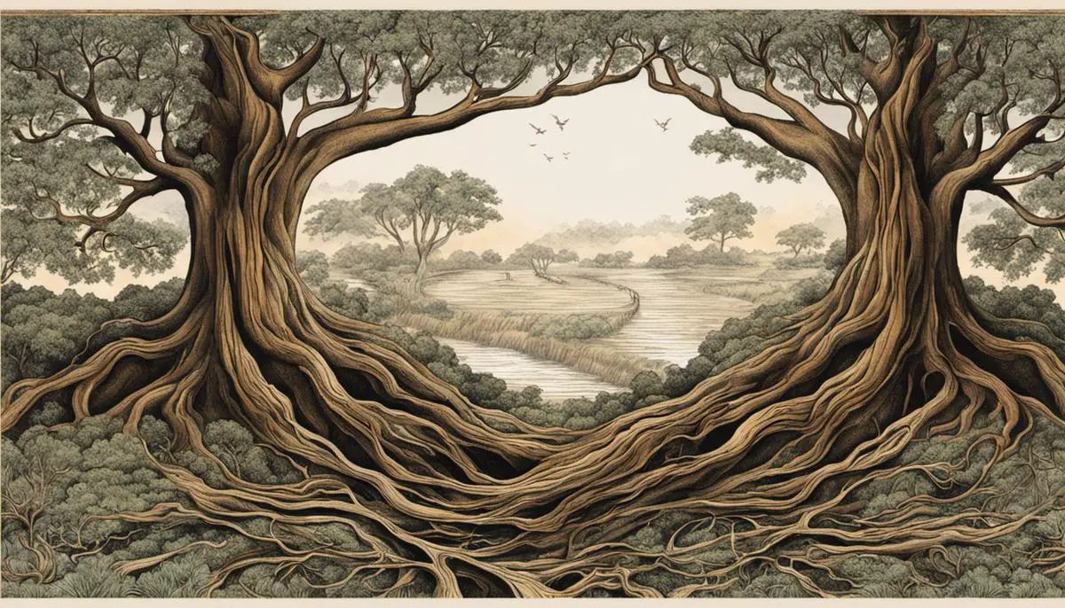 Illustration depicting the growth of a tree with roots reaching out and branches expanding, symbolizing the spiritual journey and the expansion of consciousness.