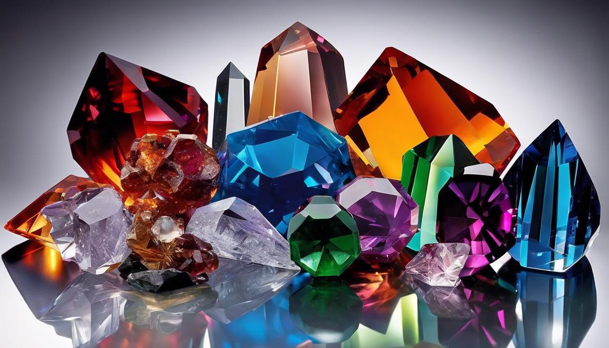 A variety of colorful crystals with different shapes and sizes resting on a reflective surface